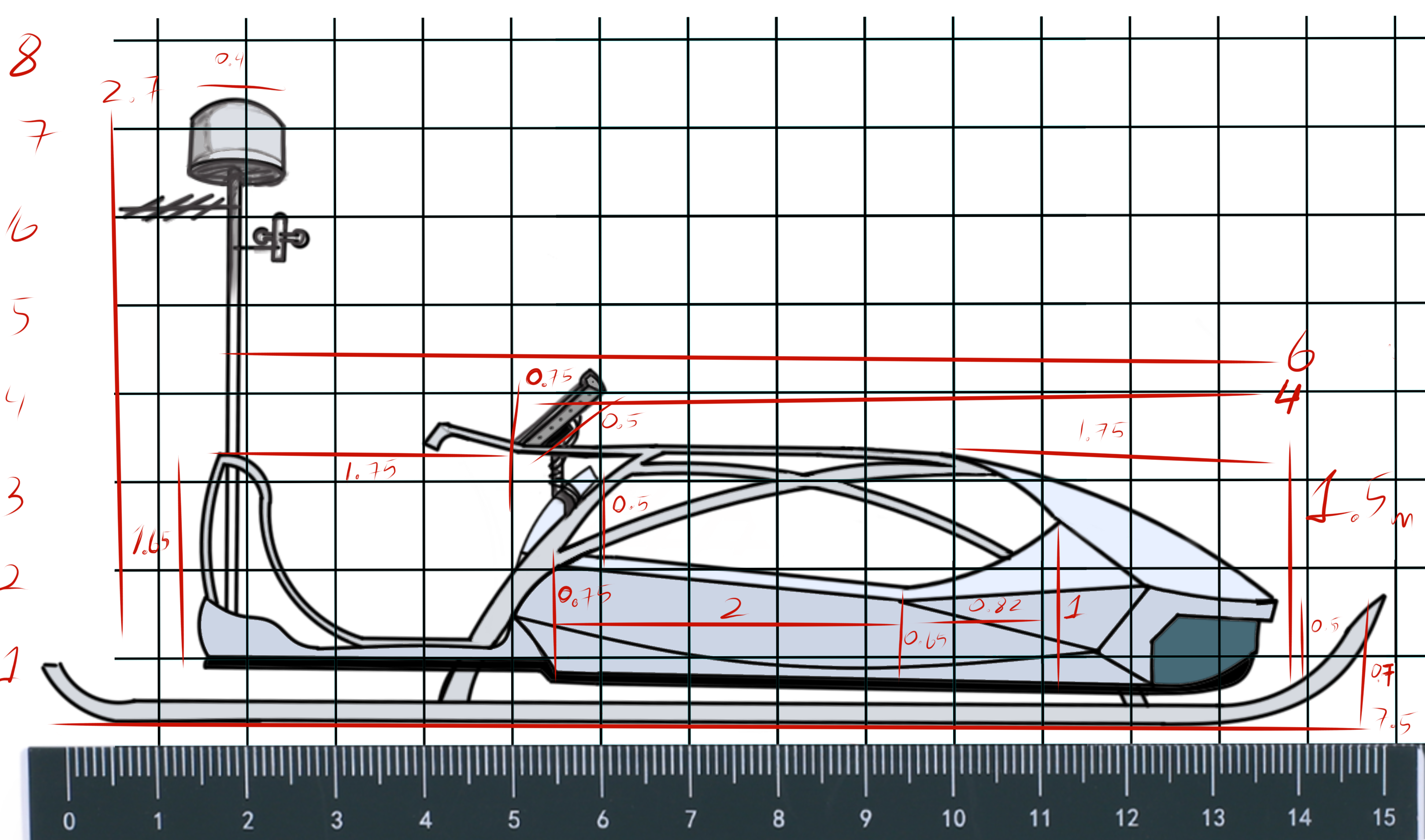 a closeup of a handdrawn engineering drawing of a snowmobile. the drawing is on a grid paper, with measurements marked in red. a ruler is placed below the drawing.