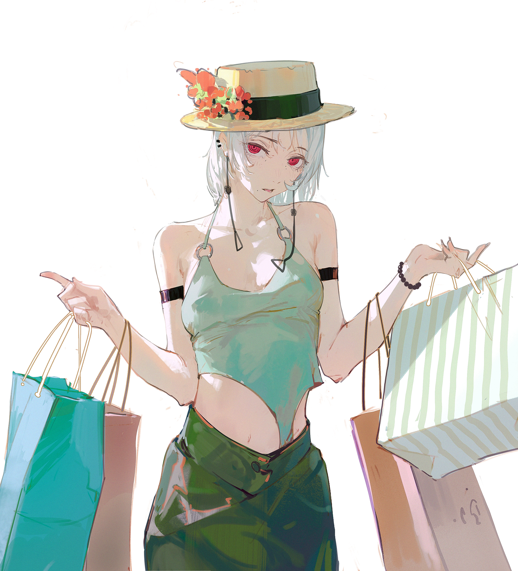 a drawing of an anime girl with white hair and red eyes. she's wearing a green tank top and a straw hat with flowers on it. the girl is holding two shopping bags. she's standing in front of a white background.  the girl has a very stylish look.  the drawing is done in a colorful style.