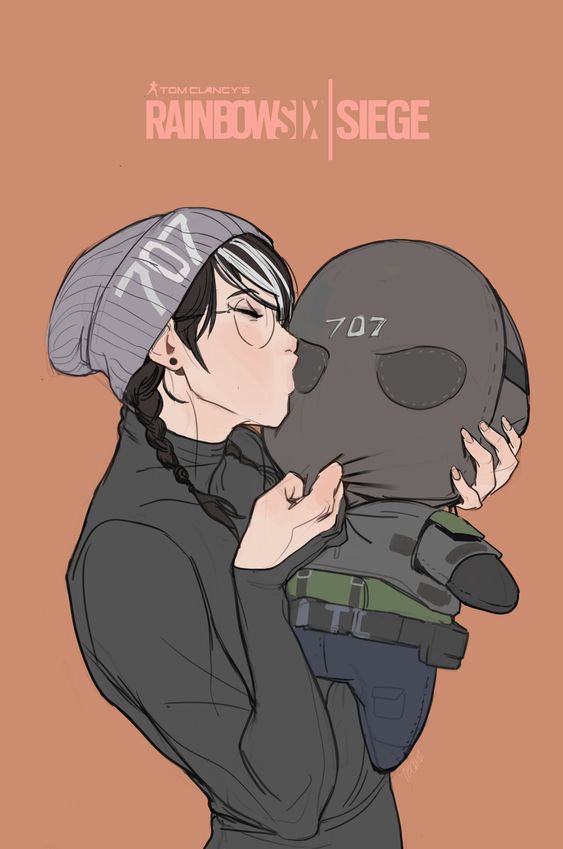 the image is a piece of digital fanart depicting a female operator from the video game rainbow six siege.  she's drawn in a style that blends anime and manga aesthetics.  she wears a gray beanie with "707" on it, glasses, and a dark gray sweater. her hair is styled in a long braid.  she is lovingly hugging and kissing a chibistyle plush toy of another character from the game, which also has "707" on it. the background is a simple, muted orange. the rainbow six siege logo is present in the upper part of the image. the overall mood of the artwork is warm, affectionate, and slightly cute.