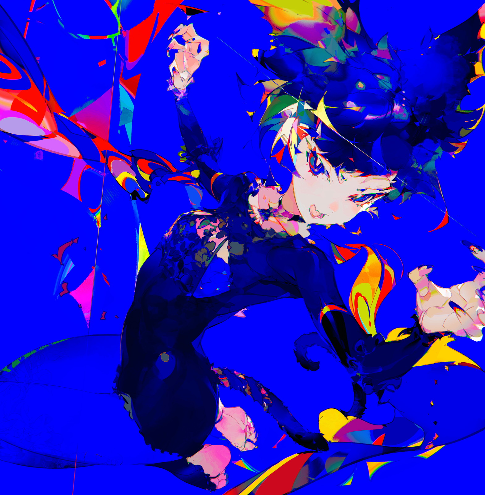 the image is a vibrant and stylized digital painting of an anime girl. she is depicted in a dynamic pose, with her body twisting and limbs outstretched. the overall style is abstract and expressive, with bold colors and flowing lines that create a sense of movement and energy. the color palette is predominantly blue, with splashes of red, yellow, pink, and other neon hues. the girl's features are sharp and defined, but the overall style leans towards surrealism rather than photorealism. the background is a chaotic mix of shapes and colors, complementing the dynamic pose of the anime girl. the artwork has a glitchartlike quality, adding to its otherworldly feeling.