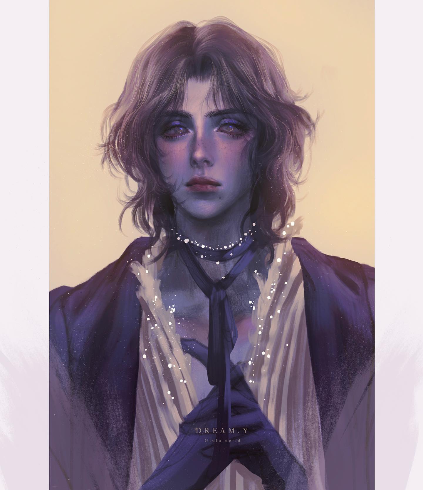 this is a digital portrait of an androgynous young man with long, flowing hair. he is depicted in an elegant, almost ethereal style, with a soft, dreamy expression. he wears a purple jacket over a white shirt, adorned with what appears to be pearls. a delicate pearl necklace graces his neck, adding to his overall air of refinement. the background is a gradient of warm, muted tones, further enhancing the dreamy atmosphere of the portrait.