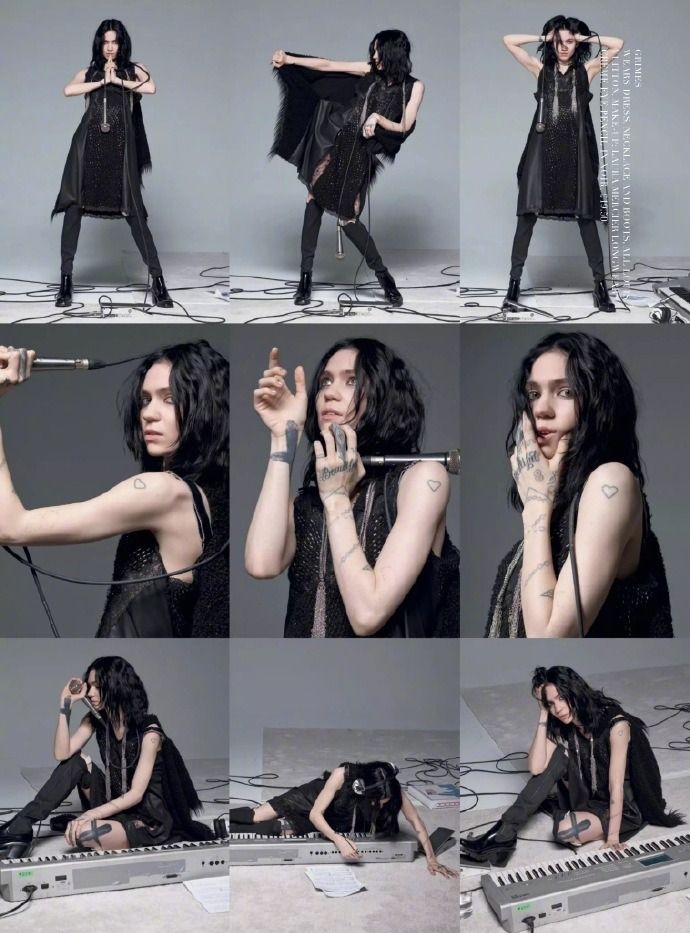 this is a series of photos of a woman in various poses. she is wearing black clothing and appears to be a singer or musician. the photos were taken in a studio and she is wearing dark make up and has tattoos on her arms. she's holding a microphone in some of the photos and there is a keyboard in the foreground of a few. the theme is dark, edgy, and alternative.