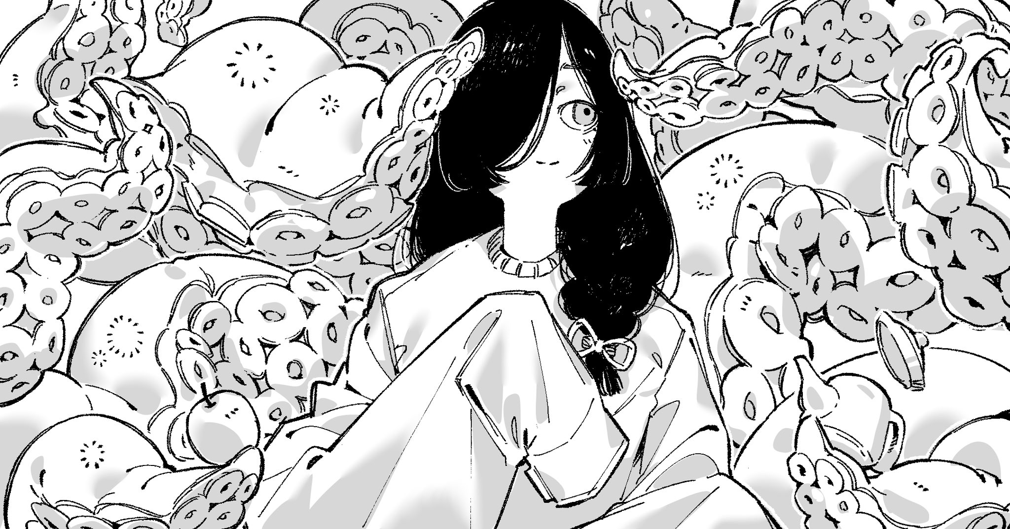 the image is a monochrome drawing of a girl with long black hair sitting surrounded by numerous octopus tentacles. she is wearing a sweater and appears calm. the style is reminiscent of manga or anime, with expressive linework and shading. the overall mood is slightly whimsical and mysterious.