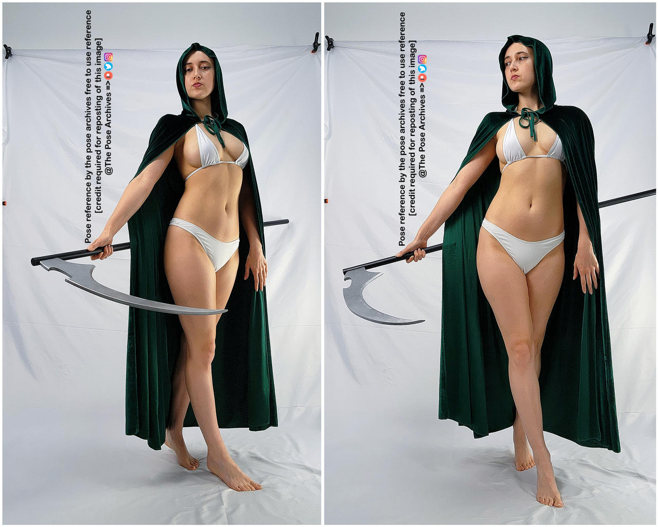 he image showcases the same pose from two slightly different angles. it features a woman with long dark hair, wearing a dark green hooded cloak, a white bikini, and holding a large grey scythe. she stands against a plain white background in a confident posture, her left leg slightly bent and her gaze directed slightly to the left. the lighting is soft and diffused, creating a natural look. the image is intended as a pose reference for artists.
