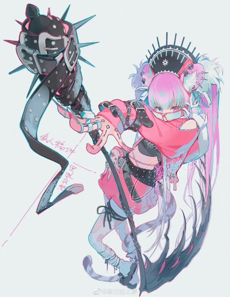this is a digital illustration of an anime girl with pink hair and a cool cyberpunk outfit. she is holding a large, spiked weapon, and her pose is dynamic and energetic. the illustration is done in a colorful and stylized style, with bold lines and vibrant colors. the overall mood is edgy and futuristic.