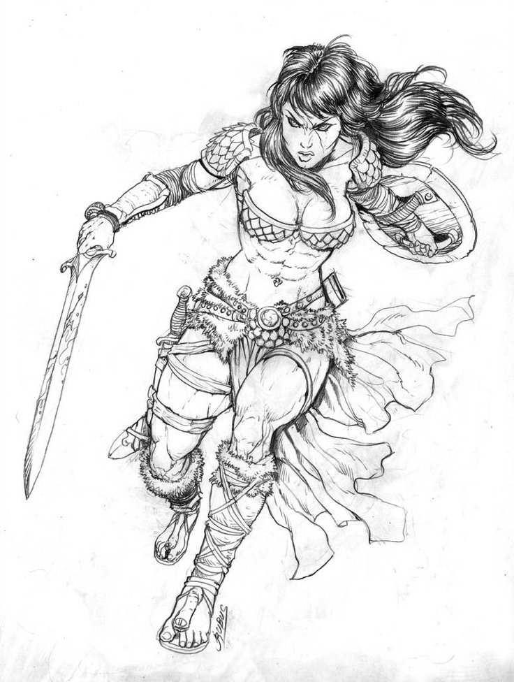 a dynamic sketch of a female warrior wielding a sword and shield. she is dressed in scant armor, including a furtrimmed belt and sandals. her flowing hair and fierce expression suggest she is in the heat of battle, striking an action pose as if lunging forward. the style resembles comic book line art.