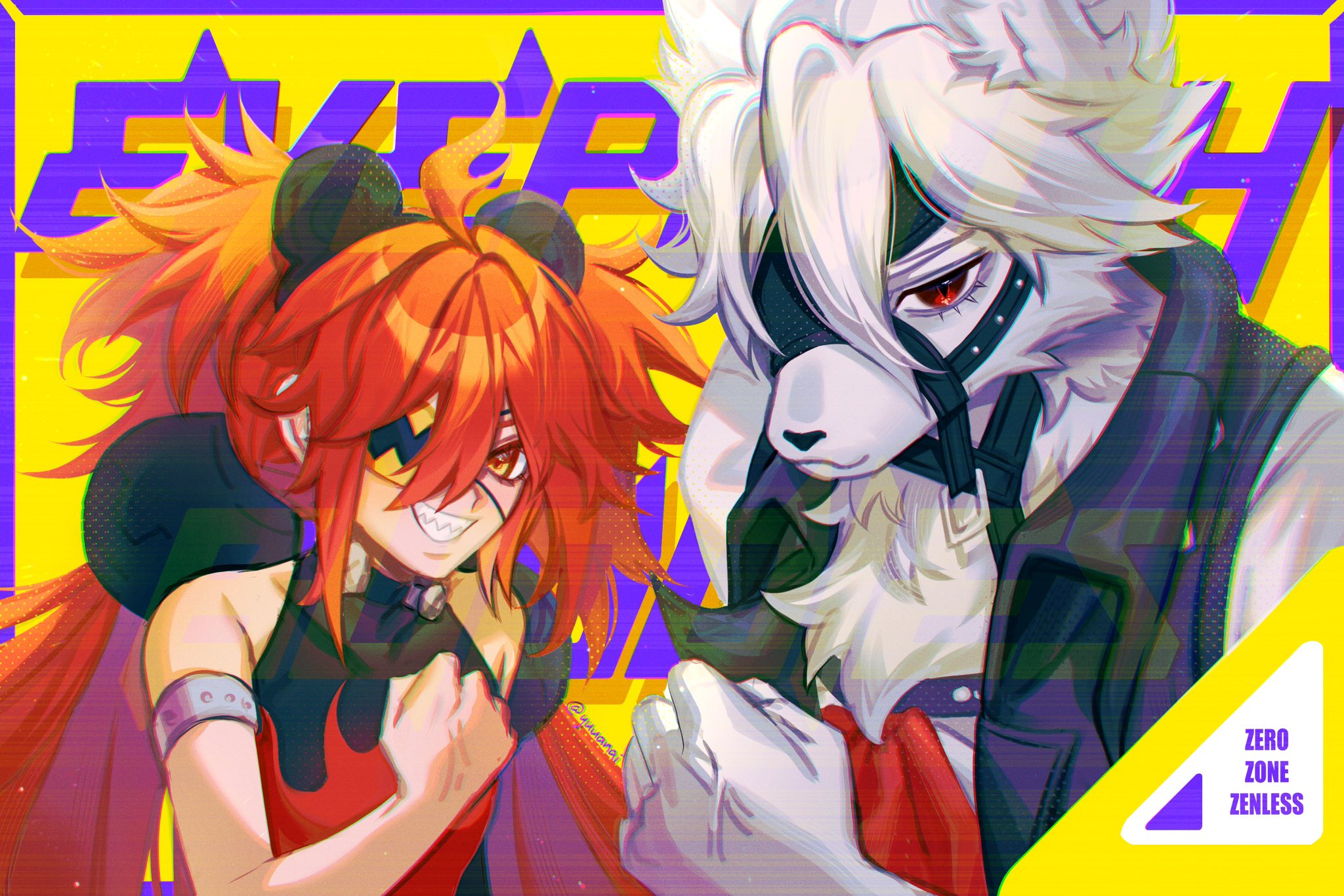 the image shows two characters, a girl with long red hair and a wolflike creature with white fur, in a digital art style. the girl has a black outfit and black mask, while the wolflike creature has a black leather jacket and a black mask. the background is yellow, purple and red. the image is in a vibrant, energetic style.