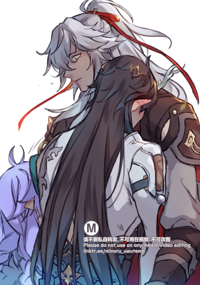 an illustration of two anime characters hugging. one has white hair with a red ribbon and red eyes, while the other has black hair and is looking down.