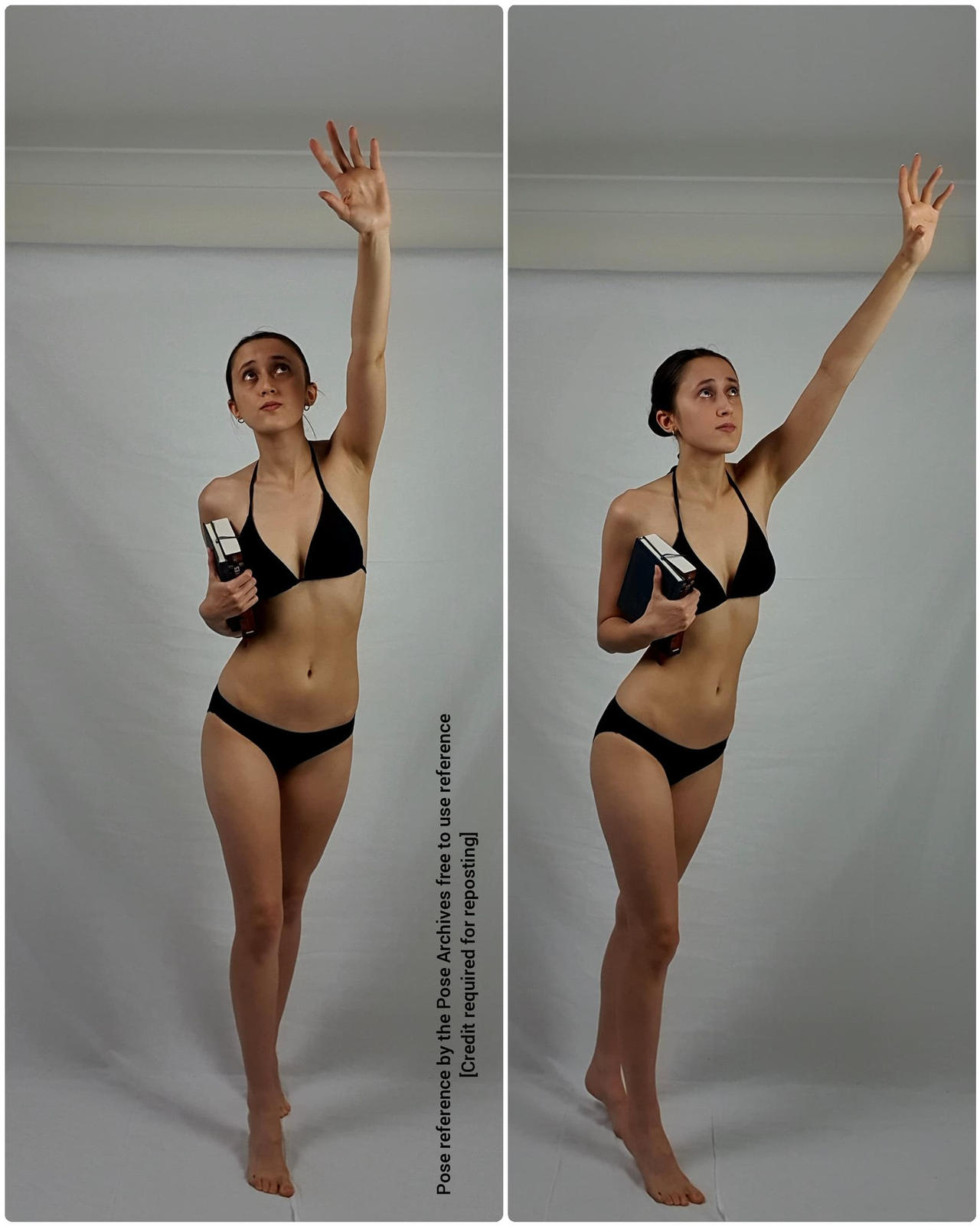 a woman in a black bikini stands against a light gray background, her left hand raised high and her right hand holding a book at her waist. she is looking up in both images, with a neutral expression. the image is a pose reference, split into two identical poses sidebyside.