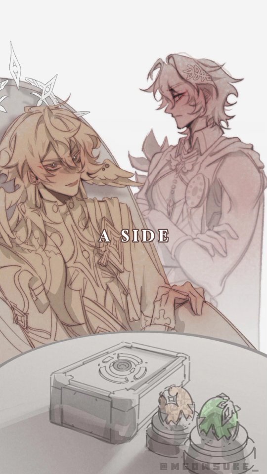 he image shows a digital painting or illustration of two animestyle characters, a male and a female, sitting at a table. they appear to be romantically involved, as their poses and expressions suggest intimacy. the male is seated to the left and the female to the right.  they are both dressed in ornate, fantasystyle clothing.  on the table between them sits a boxlike object and two small orbs. the overall style is soft, and the color palette is muted. the word "a side" is written in a stylized font above the characters. the art style is reminiscent of modern anime/manga with a painterly texture.  the background is a light, somewhat blurry wash. the overall tone of the image is romantic and dreamy.