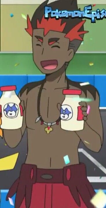 this is a digital illustration of a muscular, smiling male pokemon character with red hair, red shorts, and black sandals. he is holding a bottle of white liquid in each hand and his arms are out to the side. the background is a blurred, multicolored scene.