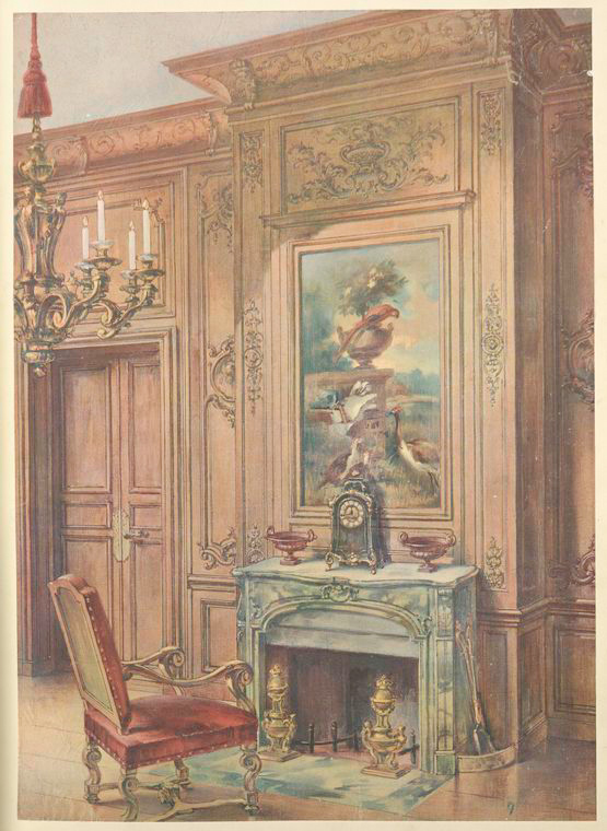 the image depicts a richly decorated interior with ornate wooden paneling and moldings. a fireplace with a marble mantel is the focal point, adorned with a clock and decorative urns. a framed painting hangs above the mantel. an upholstered chair sits beside the fireplace. a chandelier with candles hangs from the ceiling. a door is visible in the background. the room exudes a sense of opulence and classic elegance.