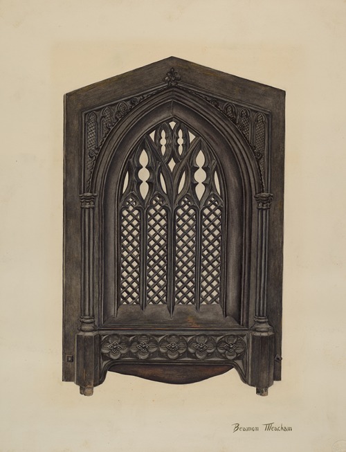 an illustration of a gothicstyle metal window grille or architectural element. it features a lancet arch with trefoil and quatrefoil designs within the arch, a lattice grille in the lower section, flanked by decorated columns. the top of the piece has a stylized crest. the drawing is shaded and detailed, suggesting a metal material. there is signature or marking "beamon meacham" in the bottom right corner.