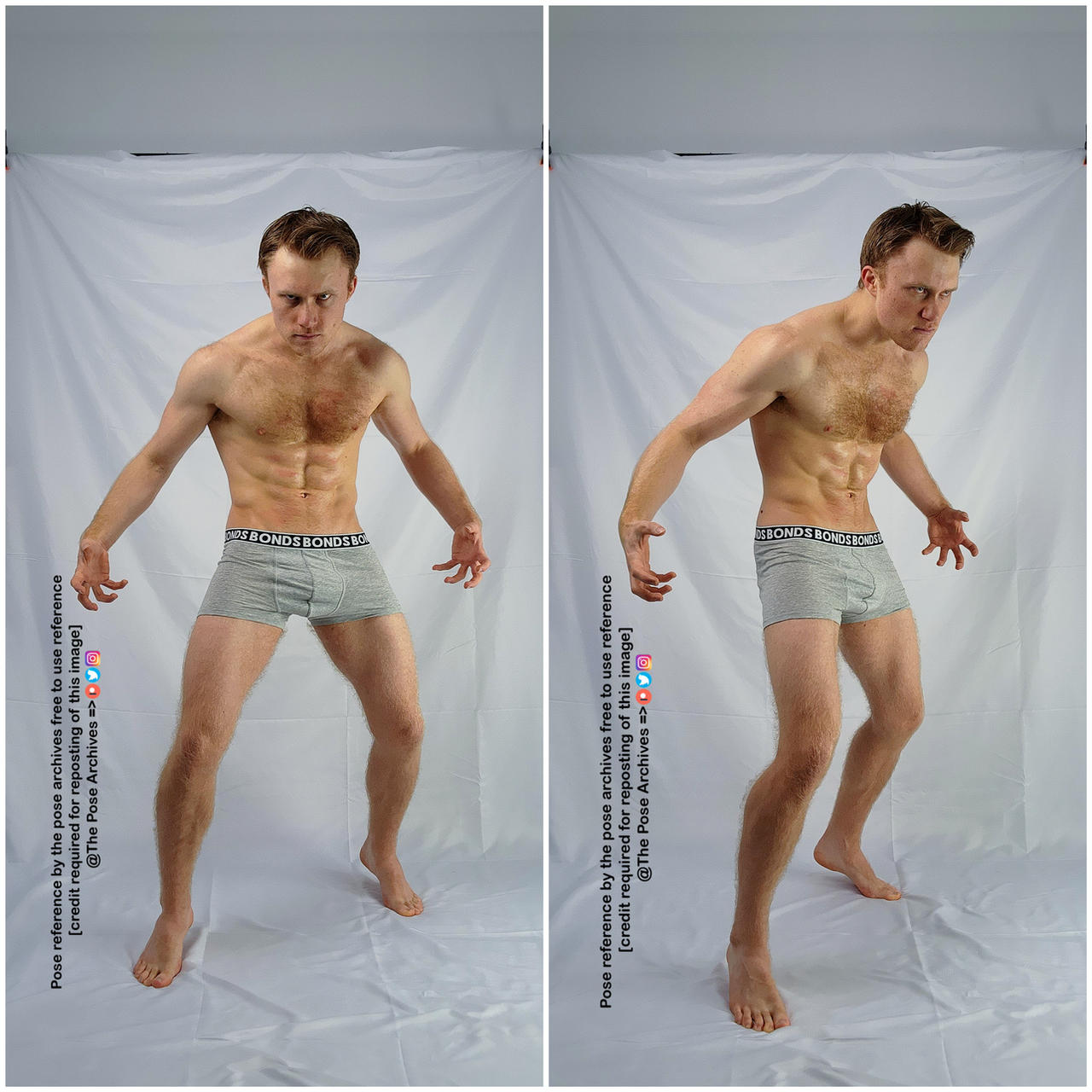 a man is standing in a pose with his hands raised and claws out. he is wearing gray underwear. the background is white. this image is a pose reference for artists.