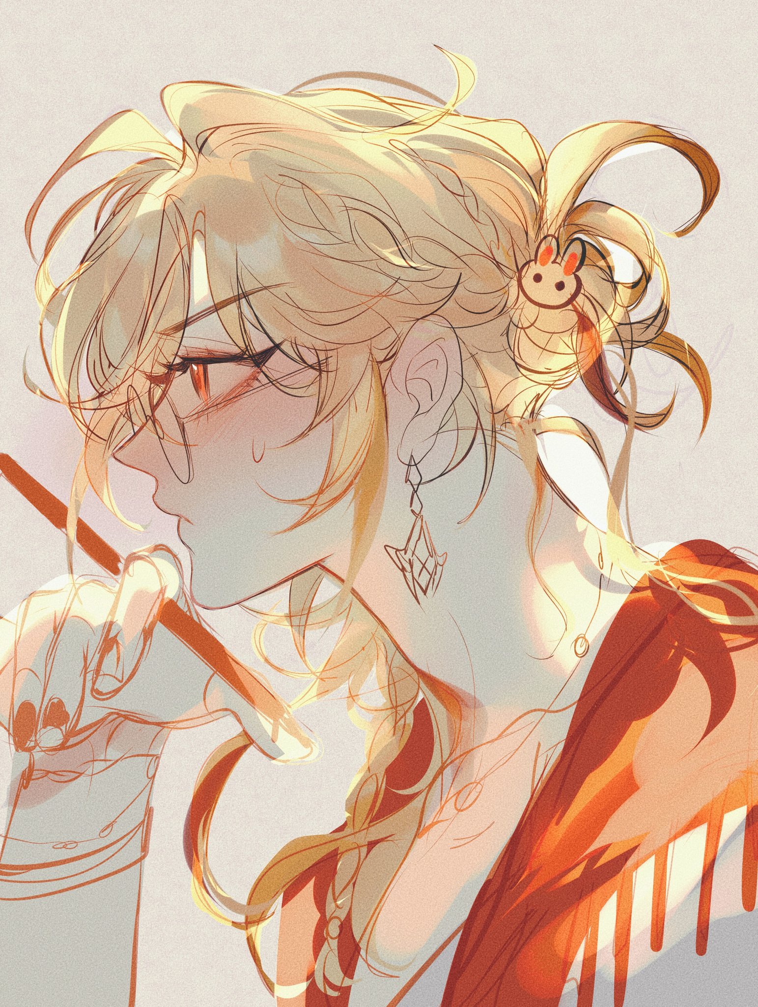 the image is a digital painting or illustration in an anime or manga style. it depicts a young woman with long, blonde hair styled in a loose bun with a small rabbitshaped hair clip.  she's wearing glasses and an orange garment, along with delicate earrings. her expression is thoughtful, almost pensive, as she holds a pencil or paintbrush. the style is soft and elegant, with warm, light colors and a focus on detail in the hair and clothing. the background is a muted, light color, drawing focus to the figure.  the overall aesthetic is stylish and charming.