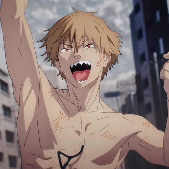 the image features yuji itadori, a male anime character from the series jujutsu kaisen. he is shirtless, revealing a toned physique with visible scars on his chest and arms. he has short, spiky blond hair and intense red eyes. yuji is grinning broadly, showcasing sharp teeth and a stitched wound across his cheek. he appears to be shouting in excitement or determination, with both arms raised. the background depicts a cityscape with buildings, suggesting an urban setting. the lighting suggests daytime with a mix of sunlight and overcast shadows. the low angle perspective emphasizes yuji's imposing and energetic presence.