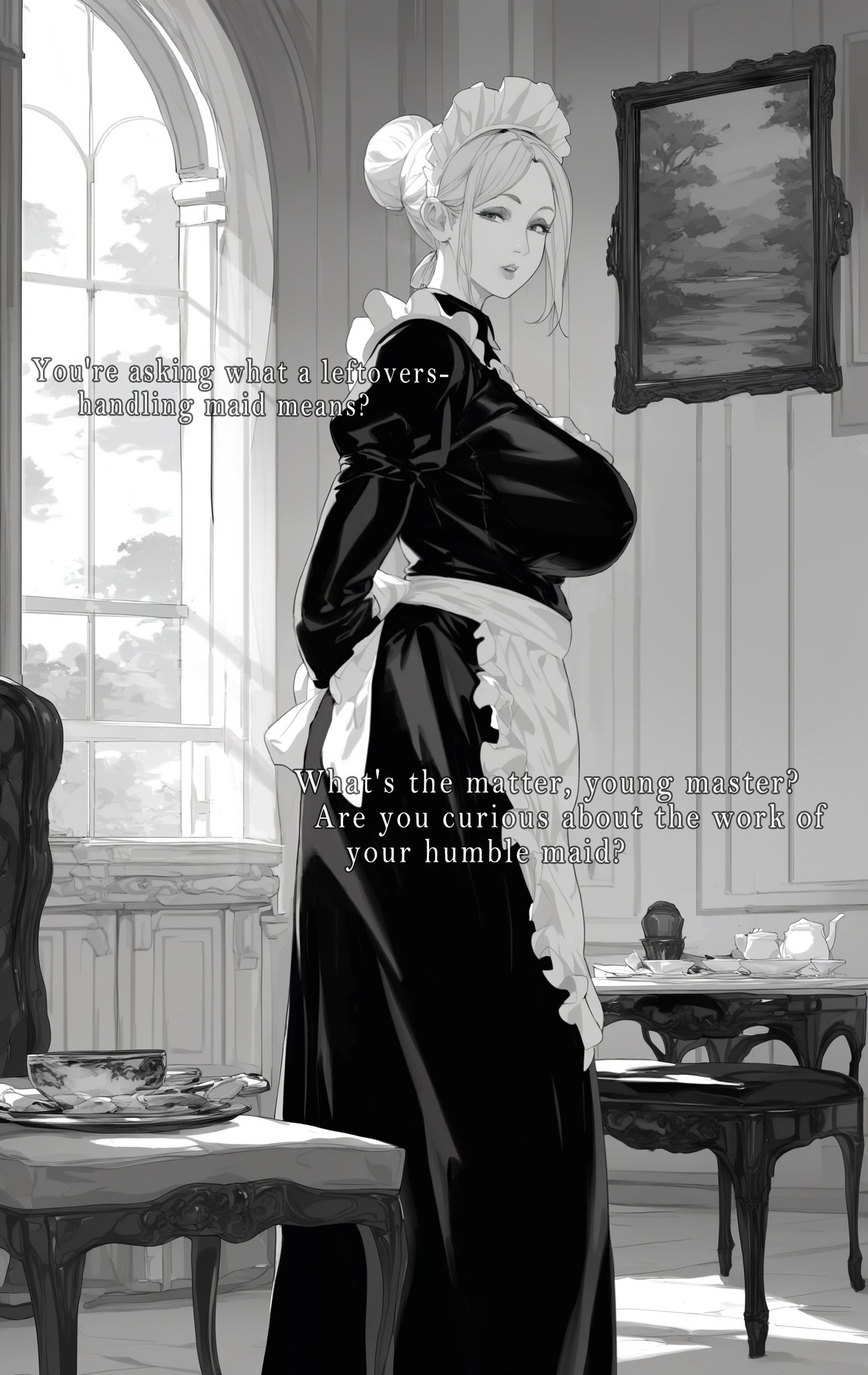 a black and white image of an anime maid wearing a classic maid outfit with an apron and a frilly headpiece. she's standing in what appears to be a welllit room with a large window in the background. text overlayed on the image suggests she's answering a question about her role as a "leftovershandling maid." a painting hangs on the wall, and in the foreground, there's a table with tea service.