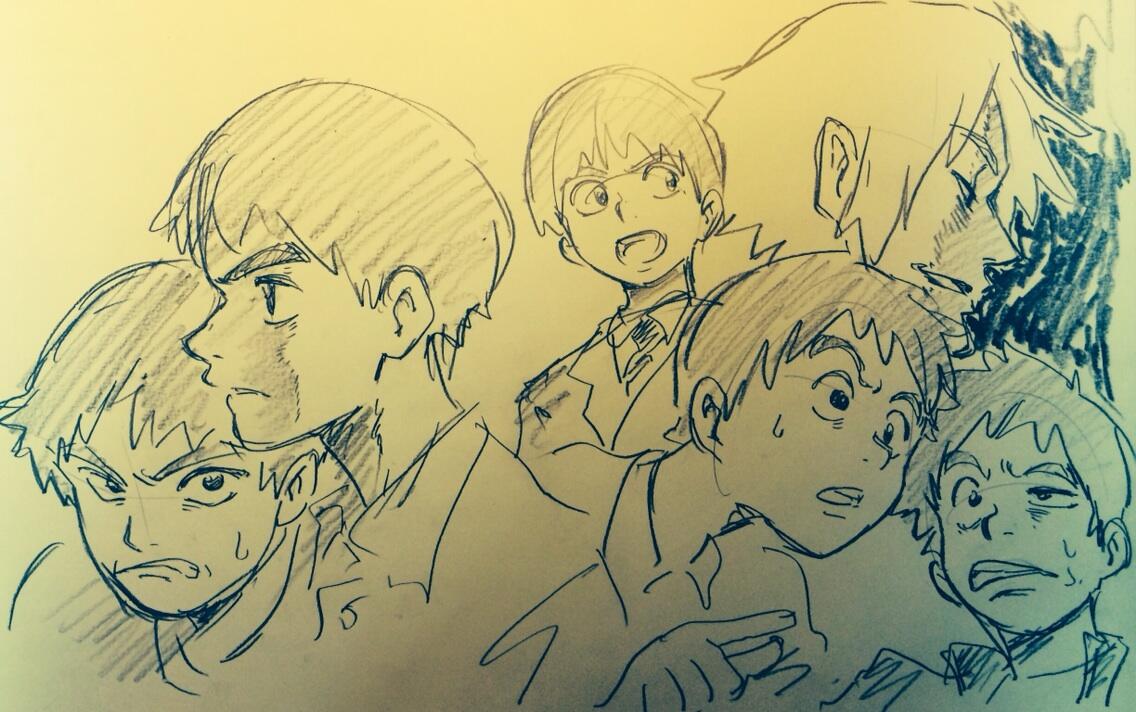 this is a scanned pencil sketch featuring six different expressions of what appears to be the same animestyle male character.  the drawings are in various states of completion. the line work is primarily comprised of quick, loose strokes, typical of concept sketching. the paper has a warm, offwhite tone.