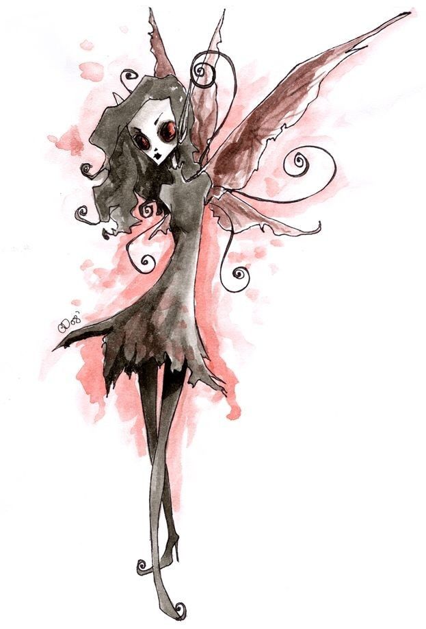 the image is an illustration of a dark fairy depicted in a watercolor style. the fairy has a pale complexion, striking red eyes, and long, thin limbs. she is wearing a dark dress with a tattered hem. she has dark hair styled with decorative swirls and pointed wings with curled edges. the background includes a splatter of reddishpink watercolor, adding a slightly ominous touch to the whimsical fantasy art.