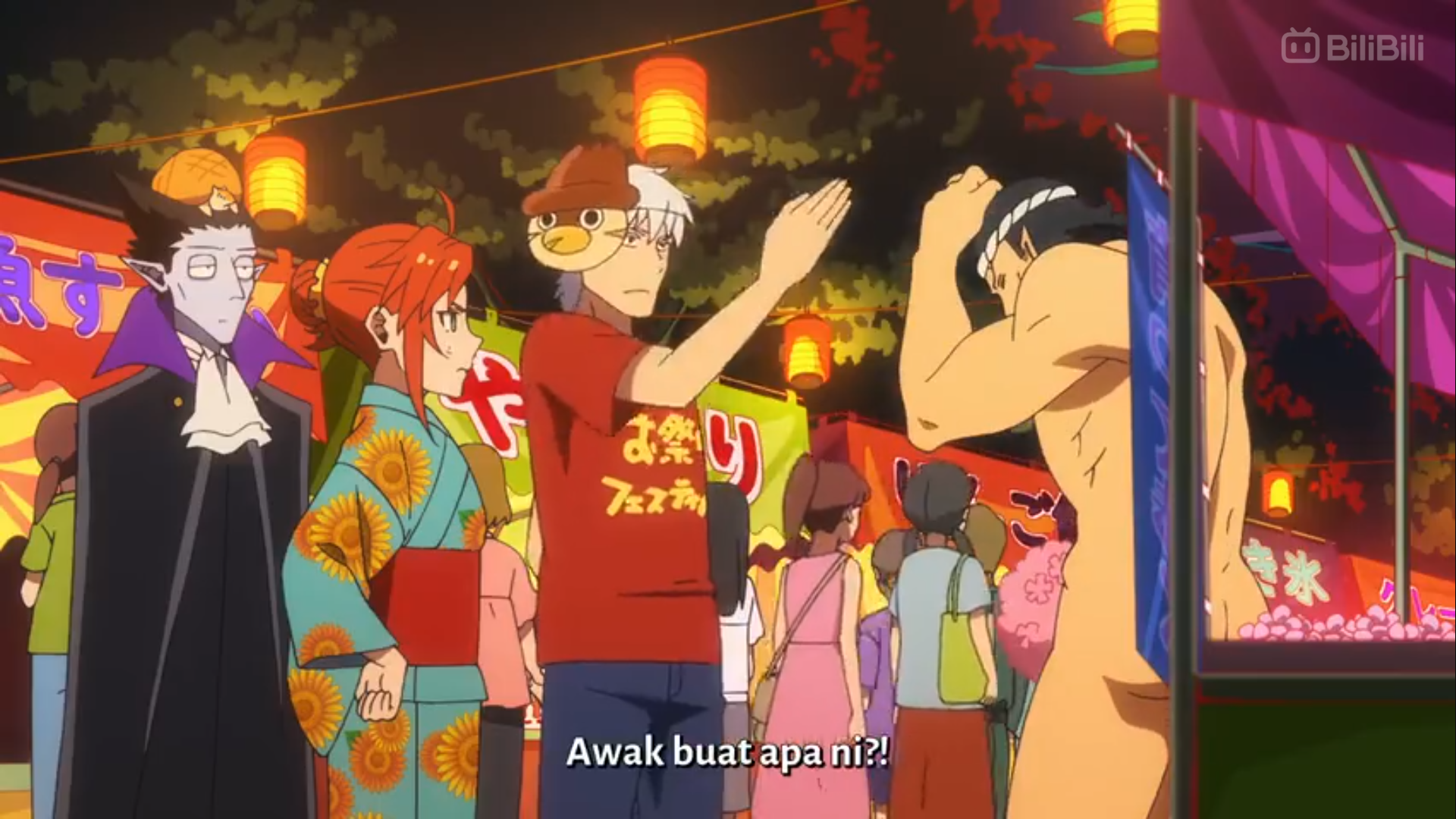 this image appears to be a screenshot from an anime, capturing a lively festival scene at night. the setting is a bustling street lined with food stalls adorned with glowing lanterns. the focus is on a group of characters reacting with amusement and surprise to a muscular man who has removed his shirt. he stands awkwardly, attempting to cover himself, while a woman in a sunflowerprint yukata questions his actions.  a man in a duck hat laughs, pointing at the halfnaked man. to the left, a tall vampire with pale skin and dark attire watches the spectacle with a neutral expression.  the vibrant colors and exaggerated reactions suggest a comedic tone, likely from a sliceoflife or comedy anime genre.