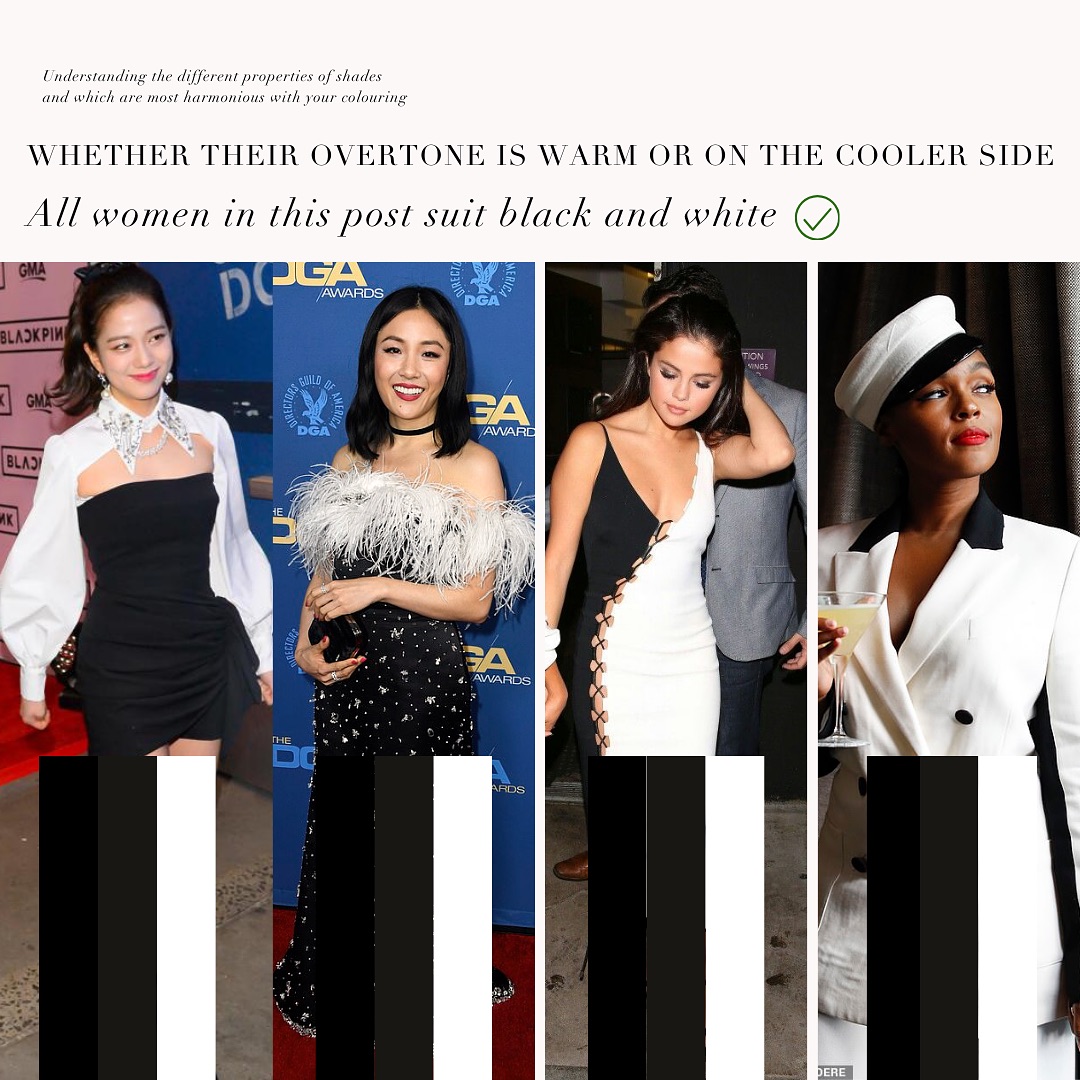 he image shows four women dressed in black and white outfits.  the caption states that the purpose is to illustrate how to determine if someone's coloring is warm or cooltoned.  each woman is posed individually against a backdrop relating to an awards ceremony. the women are wearing a variety of styles, including a short black dress, a long embellished gown, a sidelaced black and white dress, and a white suit.  a striped black and white overlay is applied across the images.