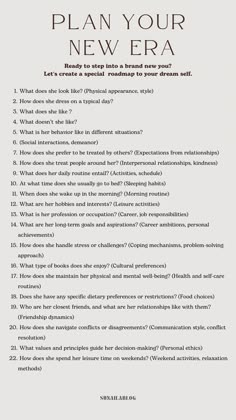 the image shows a questionnaire titled "plan your new era." it's designed to help individuals reflect on various aspects of their lives, including their appearance, personality, relationships, daily routines, career goals, values, and leisure activities. the aim is to create a roadmap towards achieving a "brand new you" by understanding oneself better.
