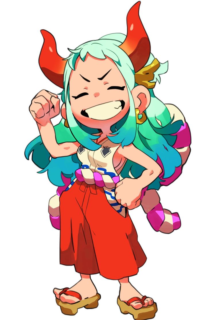 this is a vibrant, colorful digital illustration of yamato from the anime/manga one piece, depicted in a chibi style.  she's smiling cheerfully and has her fists clenched, suggesting confidence and energy. her distinctive oni horns, teal hair, and red and white kimonolike outfit are clearly visible.  the style is cute and adorable while still conveying yamato's strength and character.