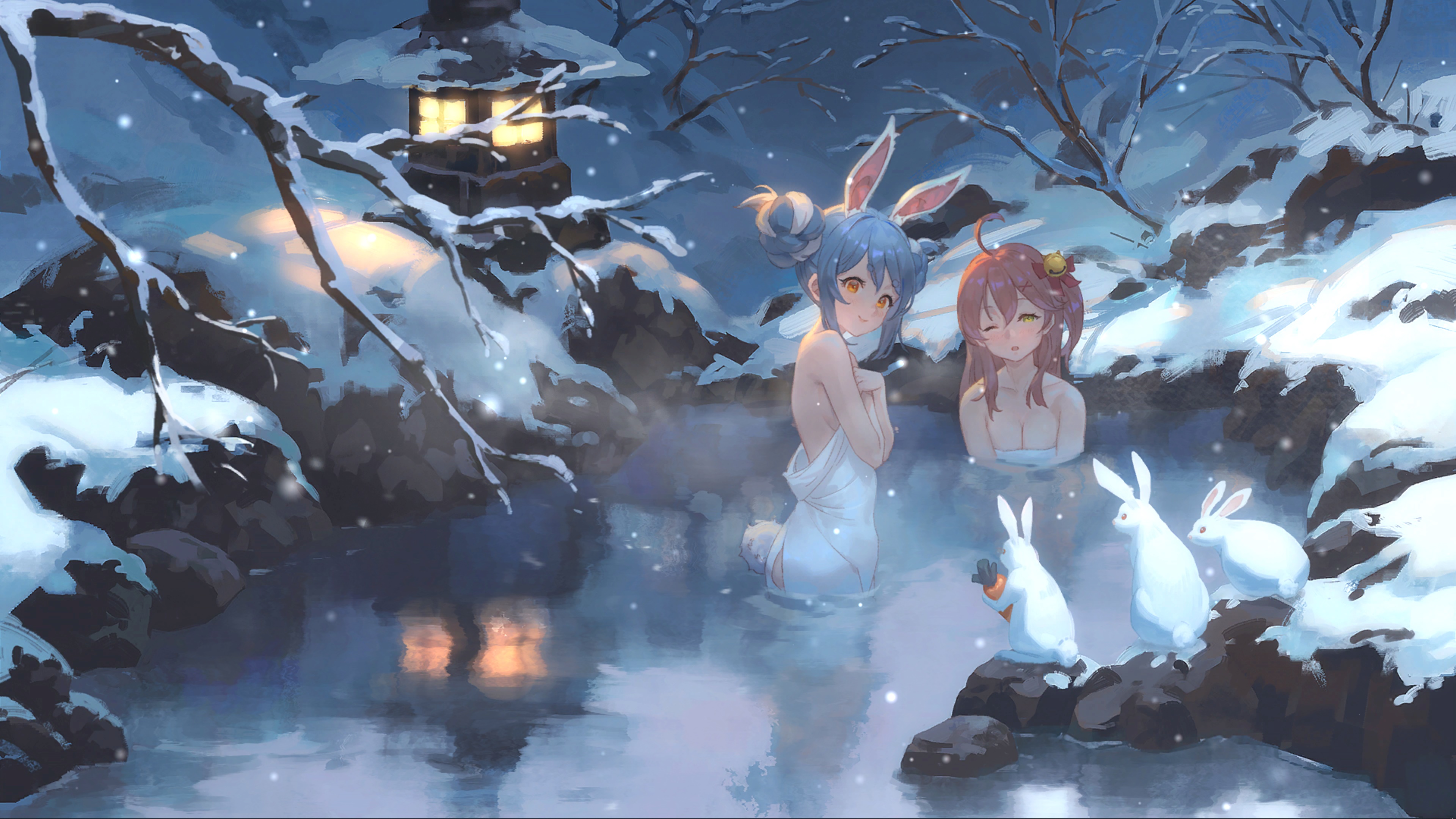 the image is a digital painting depicting two anime girls relaxing in a snowcovered outdoor onsen (hot spring).  one girl has long, light blue hair and bunny ears, while the other has long pink hair and is wearing a flower ornament.  both are partially submerged in the hot spring water.  several white rabbits are sitting on rocks around the onsen, adding to the peaceful and whimsical atmosphere.  the background features a snowy landscape with leafless trees and a small illuminated lanternlike structure, suggesting a japanese setting.  the overall style is soft, dreamy, and serene, with a focus on warm lighting contrasting with the cool winter environment. the art style evokes a sense of calm and tranquility.