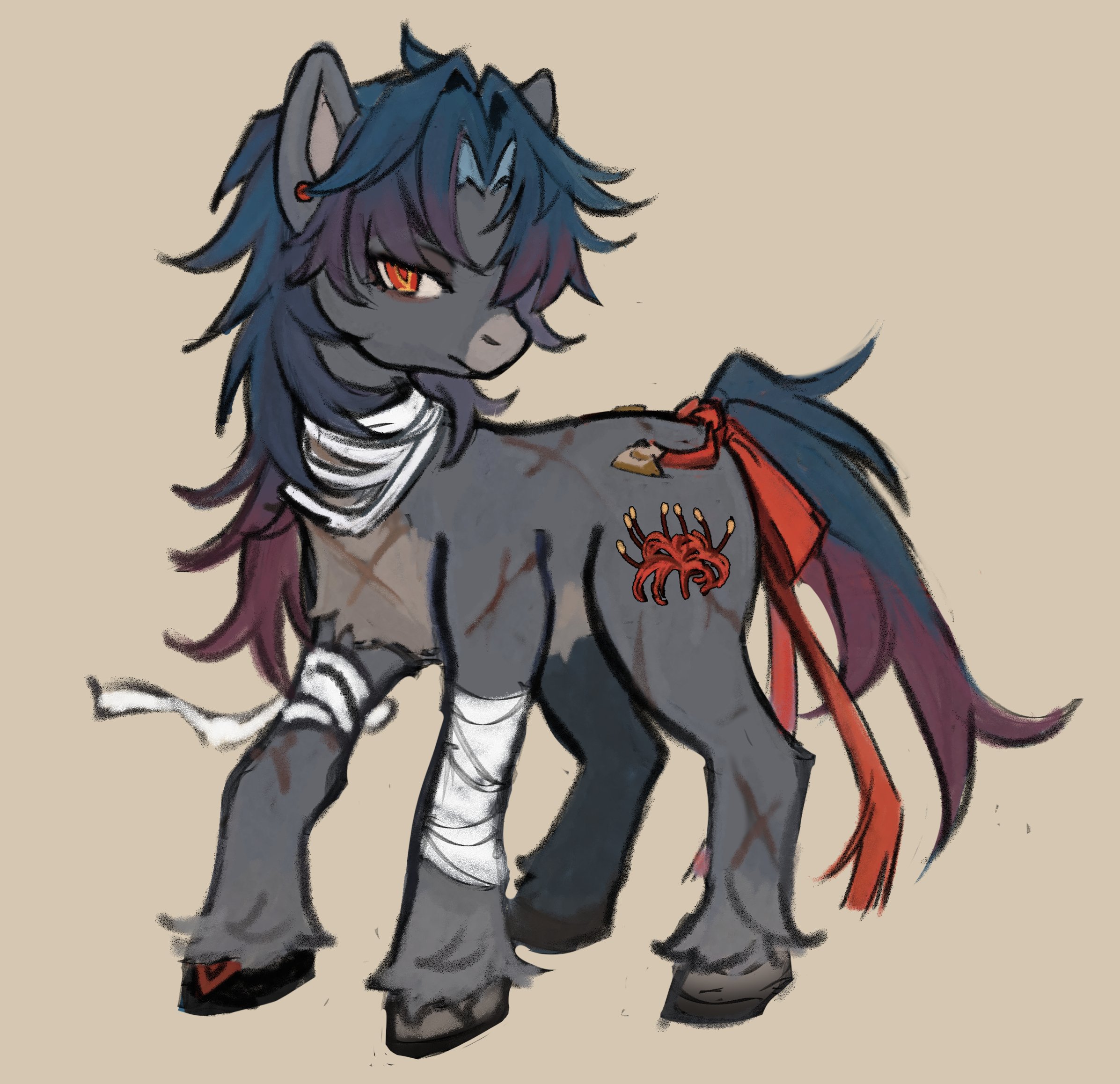 an anthromorphic pony, with black and gray fur, a blue mane and tail, red eyes, and a red ribbon tied around its tail. the pony is wearing bandages on its legs and has a small red flower tattoo on its hip.