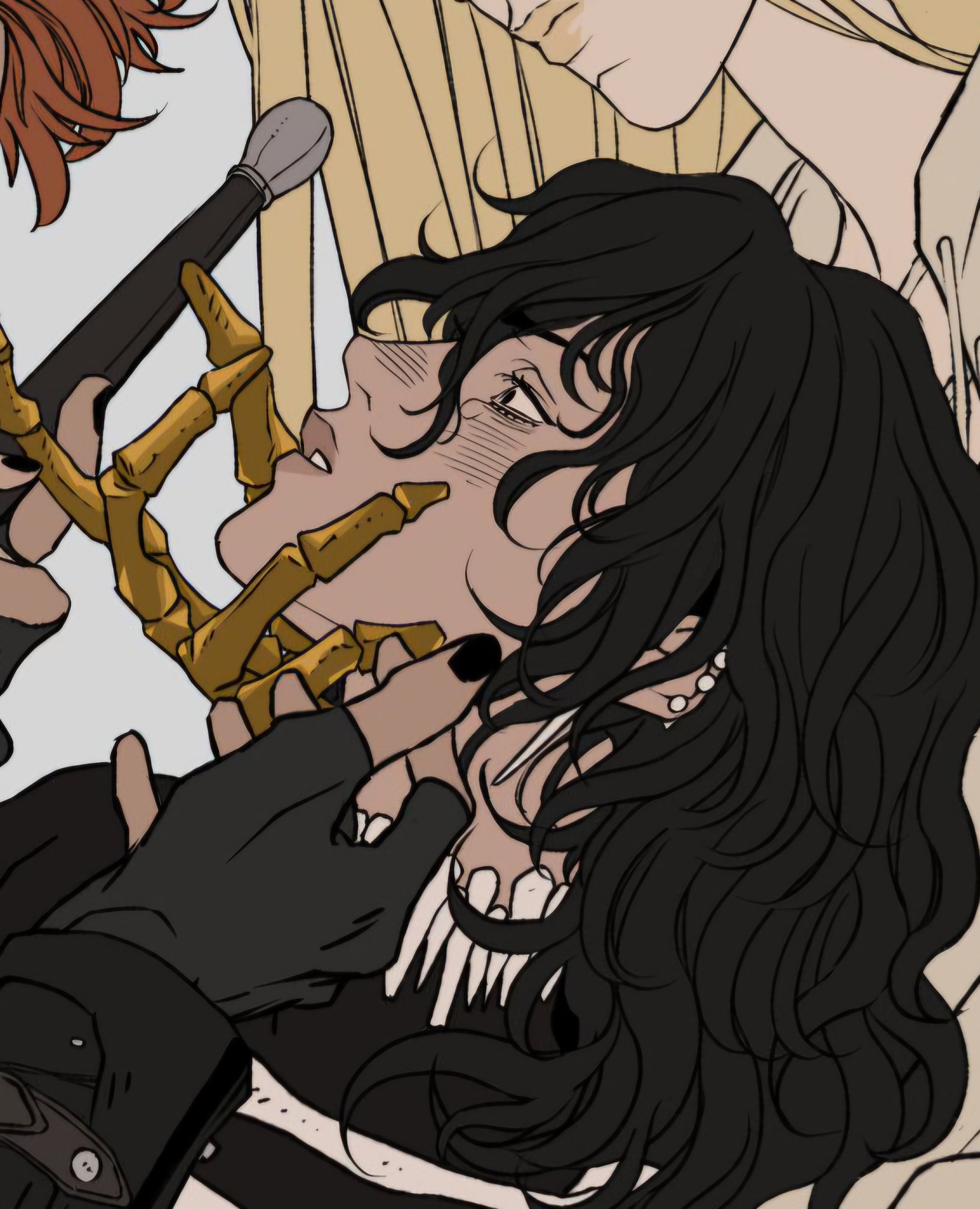 this is a piece of digital artwork depicting a closeup of multiple people. a person with dark, curly hair is the focal point, with one individual holding a makeup brush with a skeleton hand attached near their face, and another touching their chin. the central person appears to be blushing and has piercings in their ear. a gloved hand is holding their chin. the image is stylized with clean lines and muted colors.