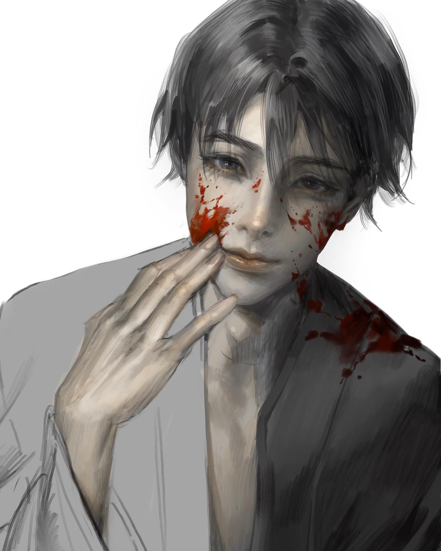 a digital art illustration of a man in a gray jacket with blood on his face. he is looking directly at the camera, and he has a hand on his cheek.
