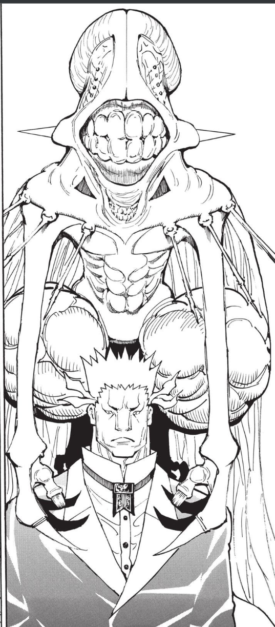 a black and white drawing of a humanoid monster sitting behind a man. the monster has a large head with a gaping mouth and sharp teeth. its body is thin and skeletal, with long arms and legs. it is wearing a long, flowing robe. the man is sitting in front of the monster, looking up at it with a serious expression on his face. he is wearing a suit and tie.