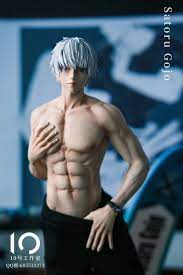 a closeup shot of a meticulously crafted figure of satoru gojo from the popular anime and manga series "jutsu kaisen." the figure is shirtless, showcasing a detailed and muscular physique with a defined sixpack. his hair is styled in a short, spiky cut, predominantly white or light gray. the figure strikes a confident pose, hands positioned near his chest and waist, suggesting a dynamic and powerful stance. the backdrop features a blurred, darker image, drawing the viewer's attention to the intricately detailed figure itself. a logo is subtly placed in the bottom left corner, which appears to be related to a 10th anniversary celebration or collaboration with gq magazine. the overall aesthetic is highquality and collectible, suggesting a product for fans of the series.
