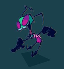a cartoon drawing of the character invader zim from the nickelodeon show of the same name. he is striking a sassy pose, one leg kicked out in front and one arm behind his back,  with a wide, manic grin on his face. he is illuminated by what appears to be a spotlight on a dark stage.