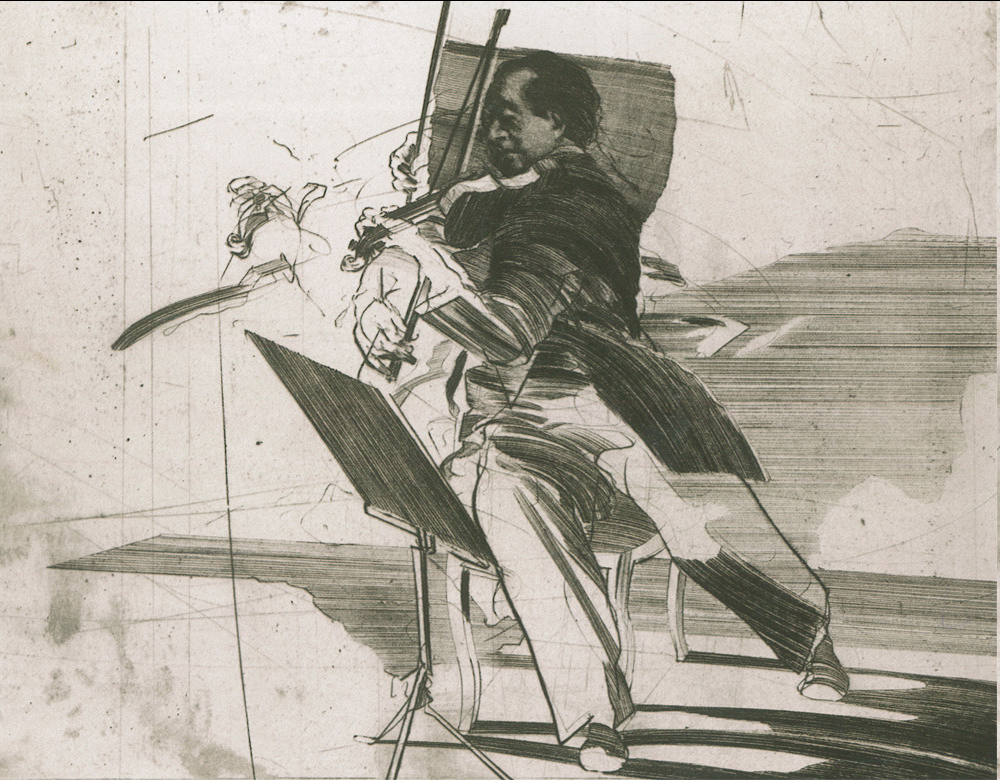 a black and white sketch of a violinist playing with great passion and movement.  the dynamic perspective and contrast in the drawing highlight the musician's energy and the emotion of the performance. the background suggests a stage or concert hall setting.
