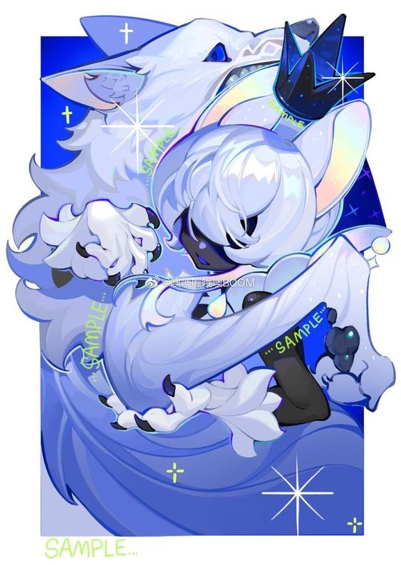two stylized animal characters, a wolf and a rabbit, are embracing against a starry blue background. the wolf is larger and behind the rabbit, its head resting affectionately on the rabbit's shoulder. both characters are predominantly white with blue accents and have a soft, glowing appearance. the rabbit wears a crown and a flowing garment. the art style is whimsical and reminiscent of fantasy illustrations. the word "sample" is watermarked repeatedly across the image.
