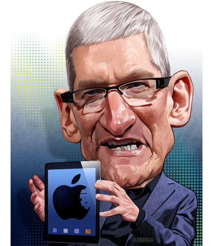 this is a caricature of tim cook, the ceo of apple, holding an ipad with the apple logo displayed on the screen. he is wearing glasses and a suit, and his gray hair is neatly styled. the background is a gradient of blue and green with a halftone pattern. the artwork is signed "cummings" in the bottom right corner.