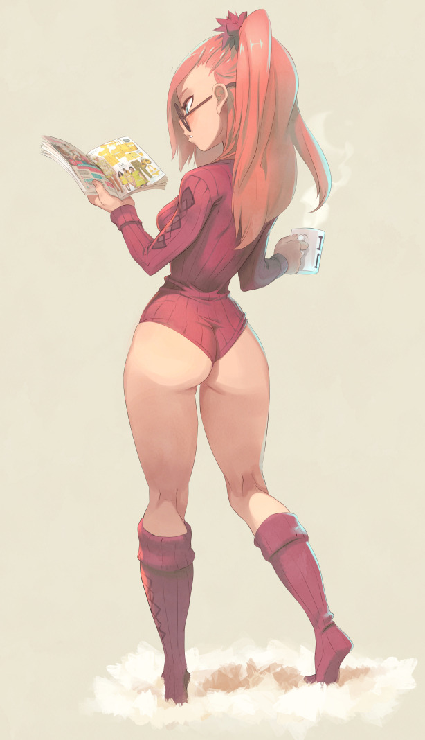 this digital art piece portrays an anime girl wearing a red sweater and socks, holding a cup of coffee in her right hand and reading a magazine with her left hand. she has pink hair tied in a ponytail and is wearing glasses. she is looking