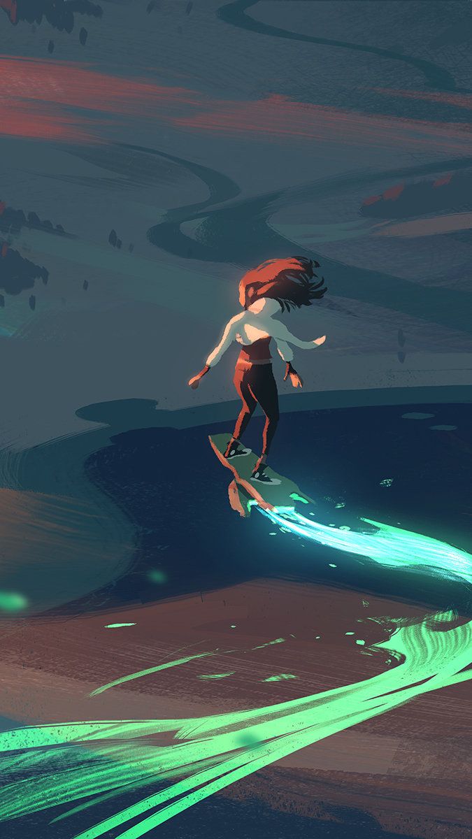 a woman with long red hair surfs through a body of water with trails of bright green light. the background has a painted, fantasylike quality with hints of red and a flowing pattern resembling land and sky.