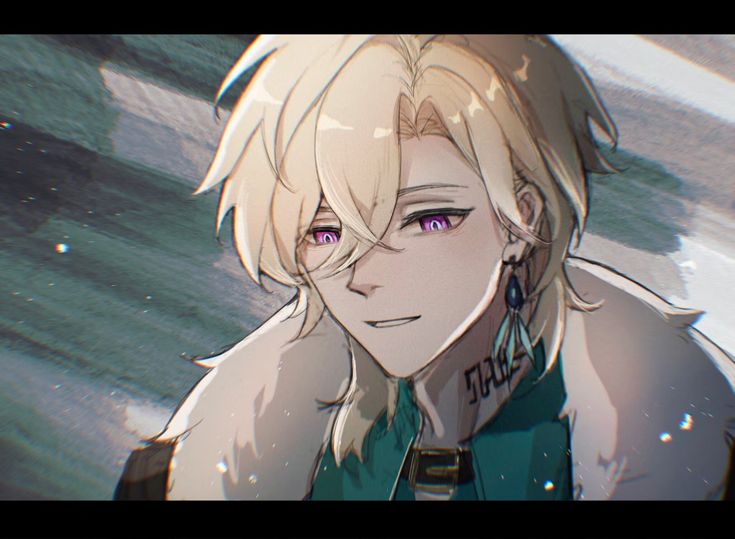 a closeup digital fanart depicts scaramouche from genshin impact. he has blond hair, purple eyes, and is wearing a teal jacket with a fur collar. he also has an earring and a tattoo on his neck. the art style is animeinspired. the background is blurred and features shades of gray and blue.