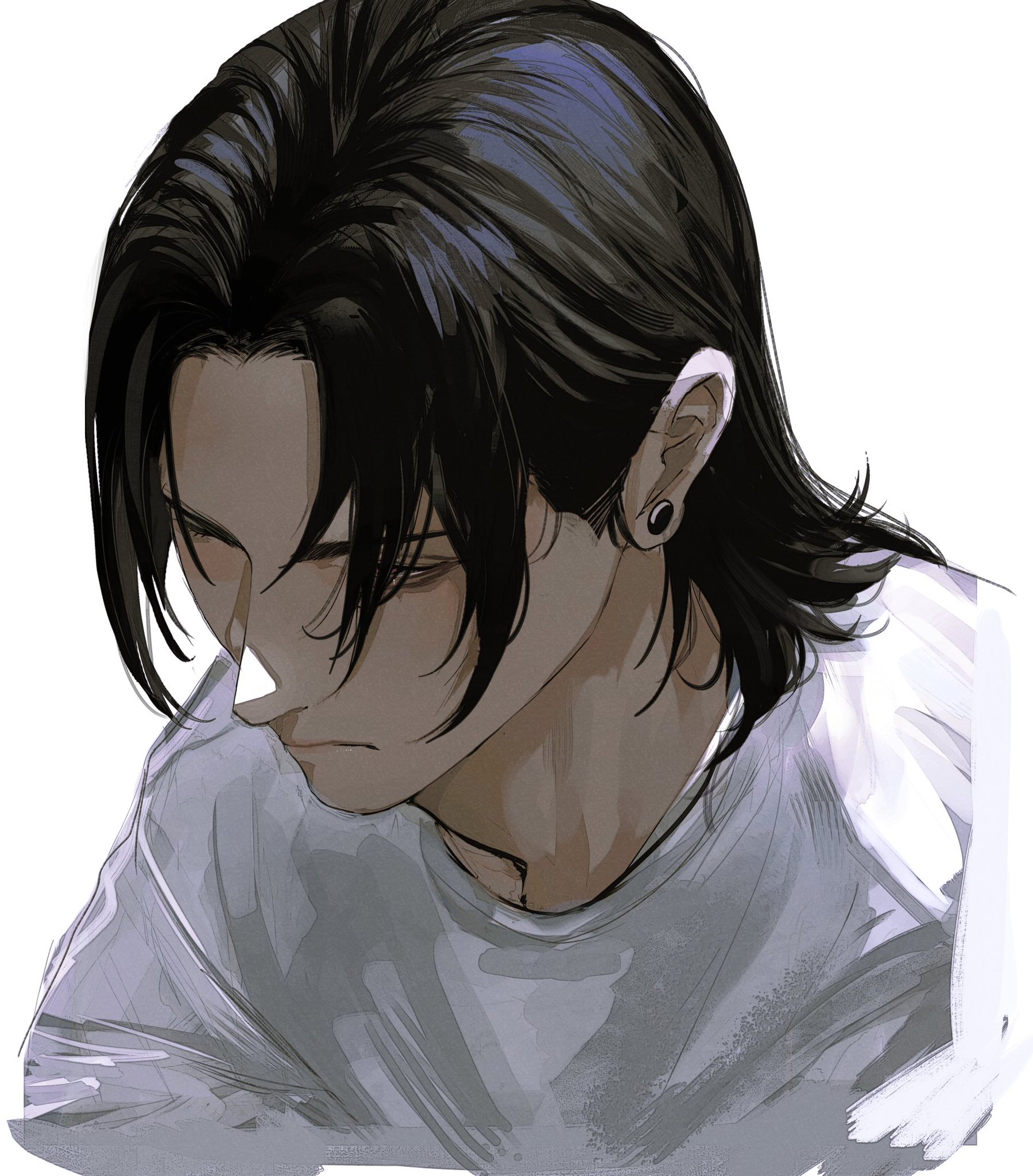this is a digital illustration of a young anime man with black hair and a white shirt. the man is looking down with a sad expression on his face. the drawing style is very detailed and the colors are muted and soft.  the background is a plain white.
