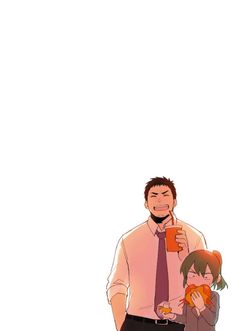 a black and white line art of a man and a girl. the man is wearing a collared shirt and tie and has short hair. the girl has her hair in a ponytail and is wearing a collared shirt. they both have food in their hands and the man has a drink with a straw in his hand.  they both look happy.  it is unclear what the food is, possibly a hotdog or a sandwich, and a bag of potato chips. the style is reminiscent of japanese manga or comic books.