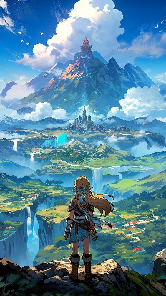 his image showcases a female character, likely link from the legend of zelda series, standing on a rocky outcropping and gazing out at a vast, fantastical landscape. lush green valleys, dotted with forests and waterfalls, stretch out before her, culminating in a towering mountain peak. a grand castle sits atop this mountain, with its spires reaching towards the sky, while a smaller, fortified city lies nestled further down its slopes. the sky is a brilliant blue, punctuated by fluffy white clouds, and the entire scene is bathed in the warm glow of daylight. this image evokes a sense of adventure and wonder, inviting the viewer to imagine the epic journey that lies ahead.