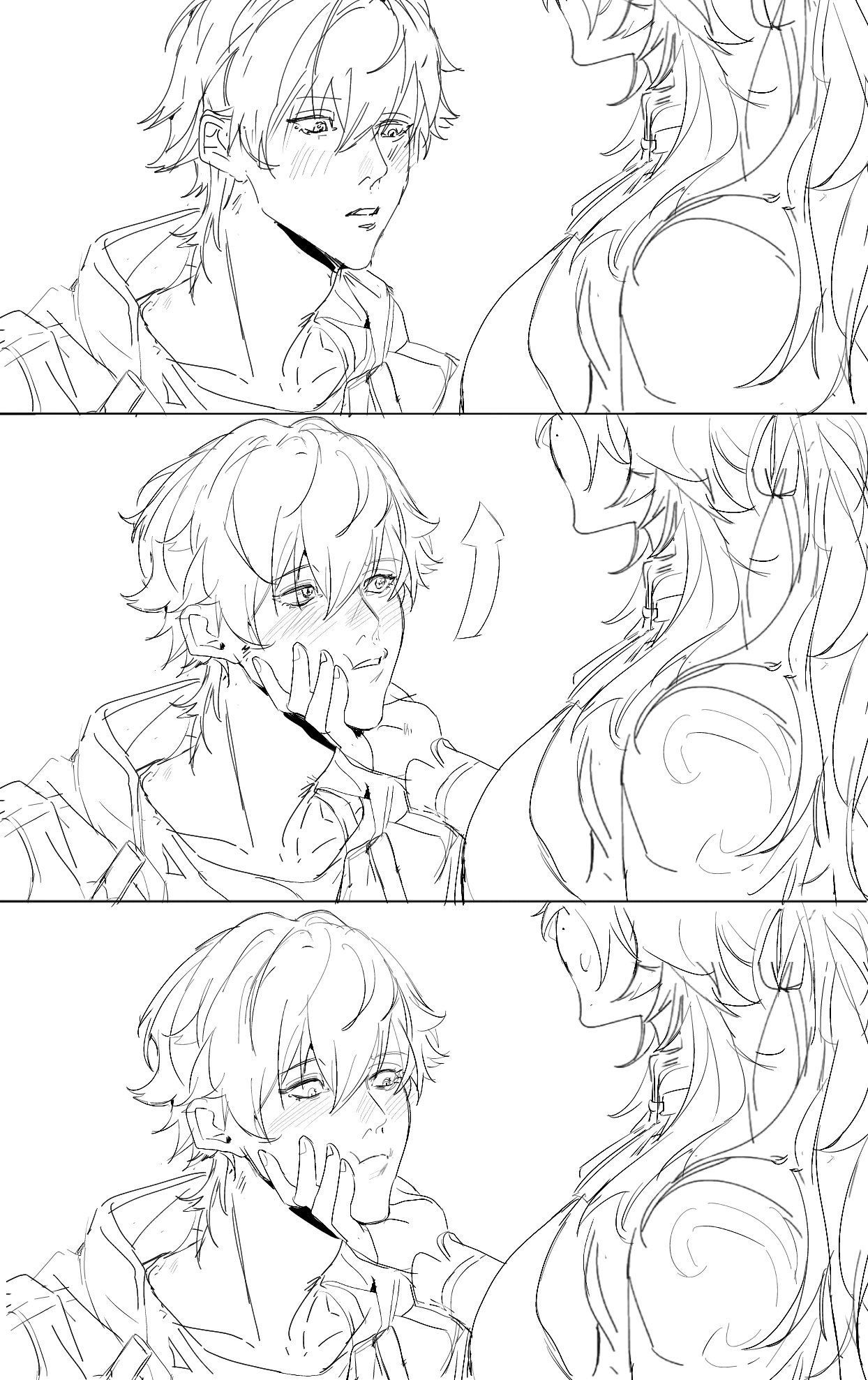 this is a black and white sketch of two anime characters, a boy and a girl, looking at each other. the boy is blushing and smiling, and the girl has her hand on his cheek. they are both drawn in a very cute and charming style.  the image looks like a scene from a manga or anime.