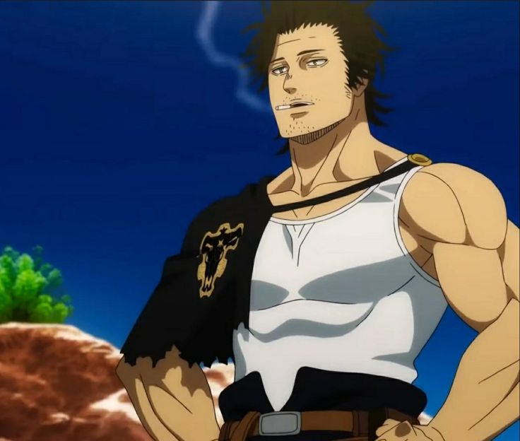 this image is a digital illustration of a male character from the anime black clover. the character, yuno, is a powerful wizard and member of the black bulls. he is wearing his iconic black and white outfit and has his grimoire on his shoulder. the image is set against a backdrop of a blue sky with a few clouds. yuno is looking at the viewer with a serious expression on his face.