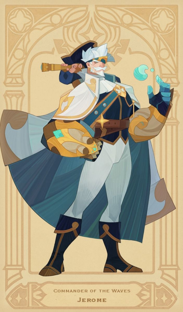 a digital illustration of a character named jerome, the commander of the waves. he stands in a confident pose against an ornate, golden archway. jerome wears a white and blue naval uniform with gold accents, hinting at his commanding presence. he holds a spyglass casually over his shoulder and conjures a swirling orb of water in his left hand, showcasing his connection to the sea and hinting at his magical abilities.