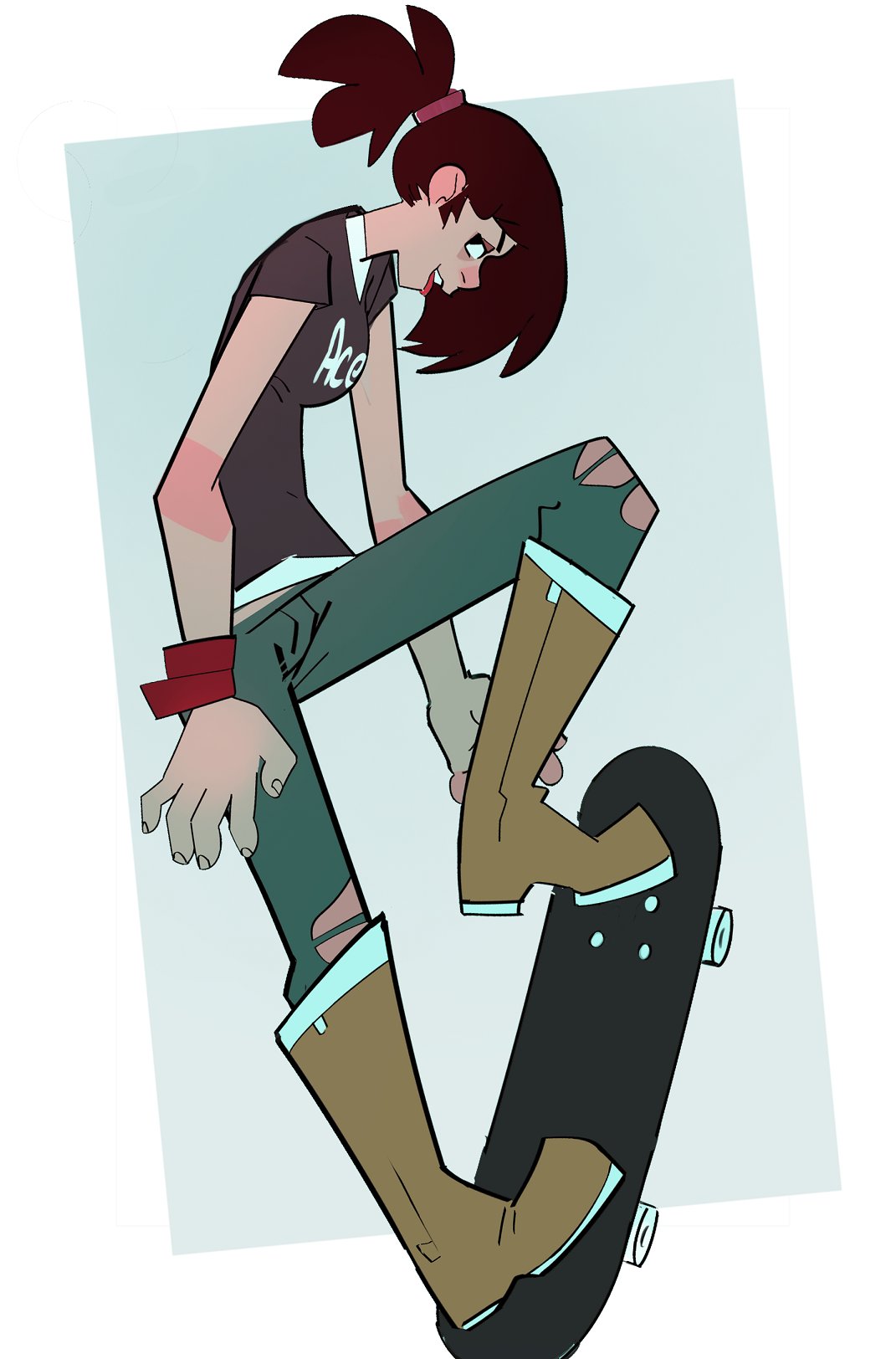 a cartoon illustration of a girl with brown hair wearing a black shirt with ace written on it, blue jeans and brown boots. she is standing on a black skateboard and smiling.  the background is a light blue color.