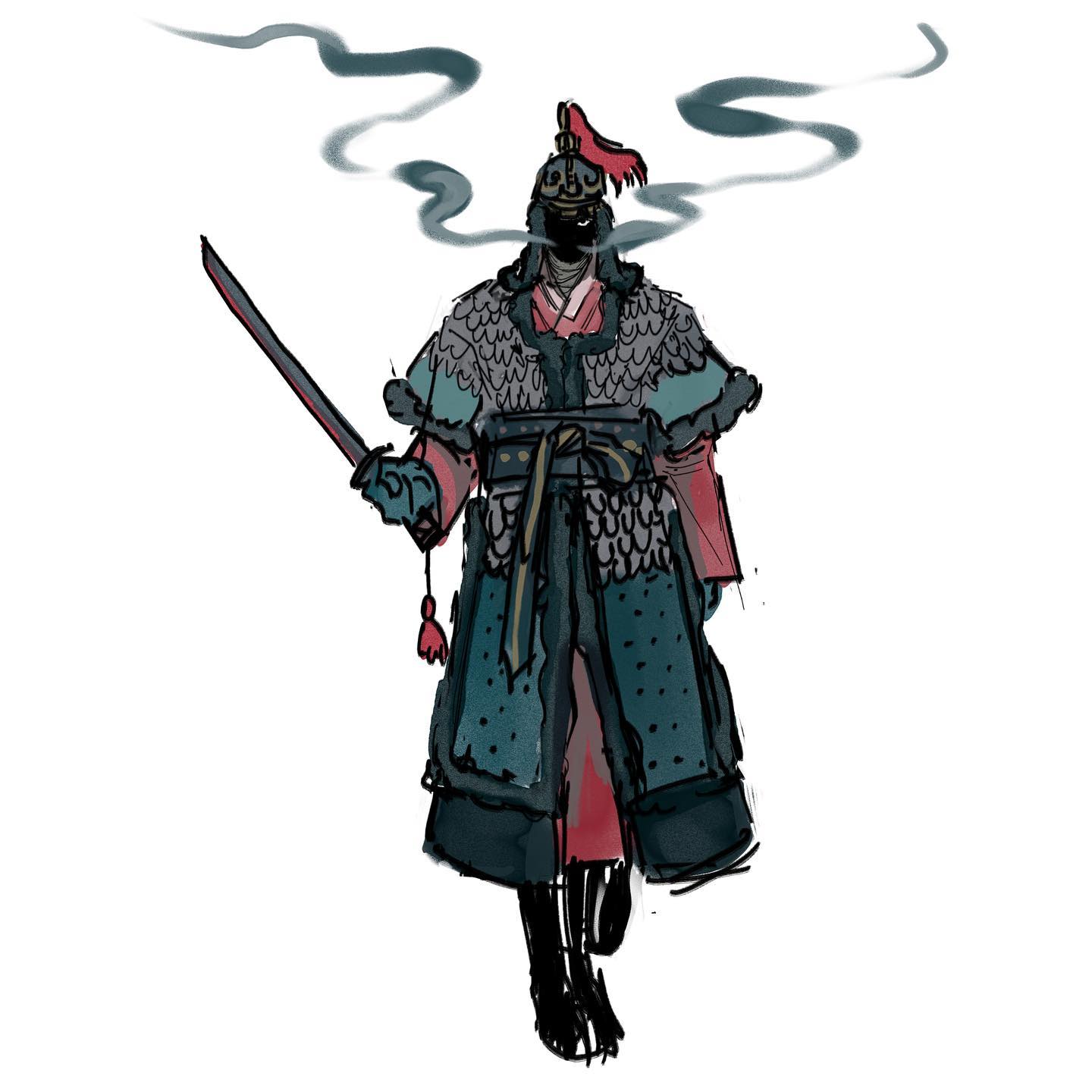 a stylized illustration of a historical korean warrior in full armor. smoke emanates from the helmet, partially obscuring the face.  the figure holds a katana (sword) and strides forward.