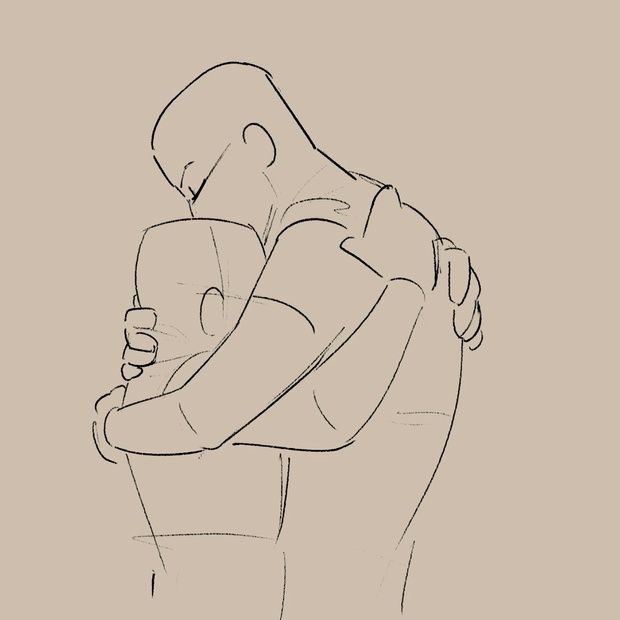 a sketch of two people hugging each other tightly. the person in the front is leaning their head on the other person's shoulder
