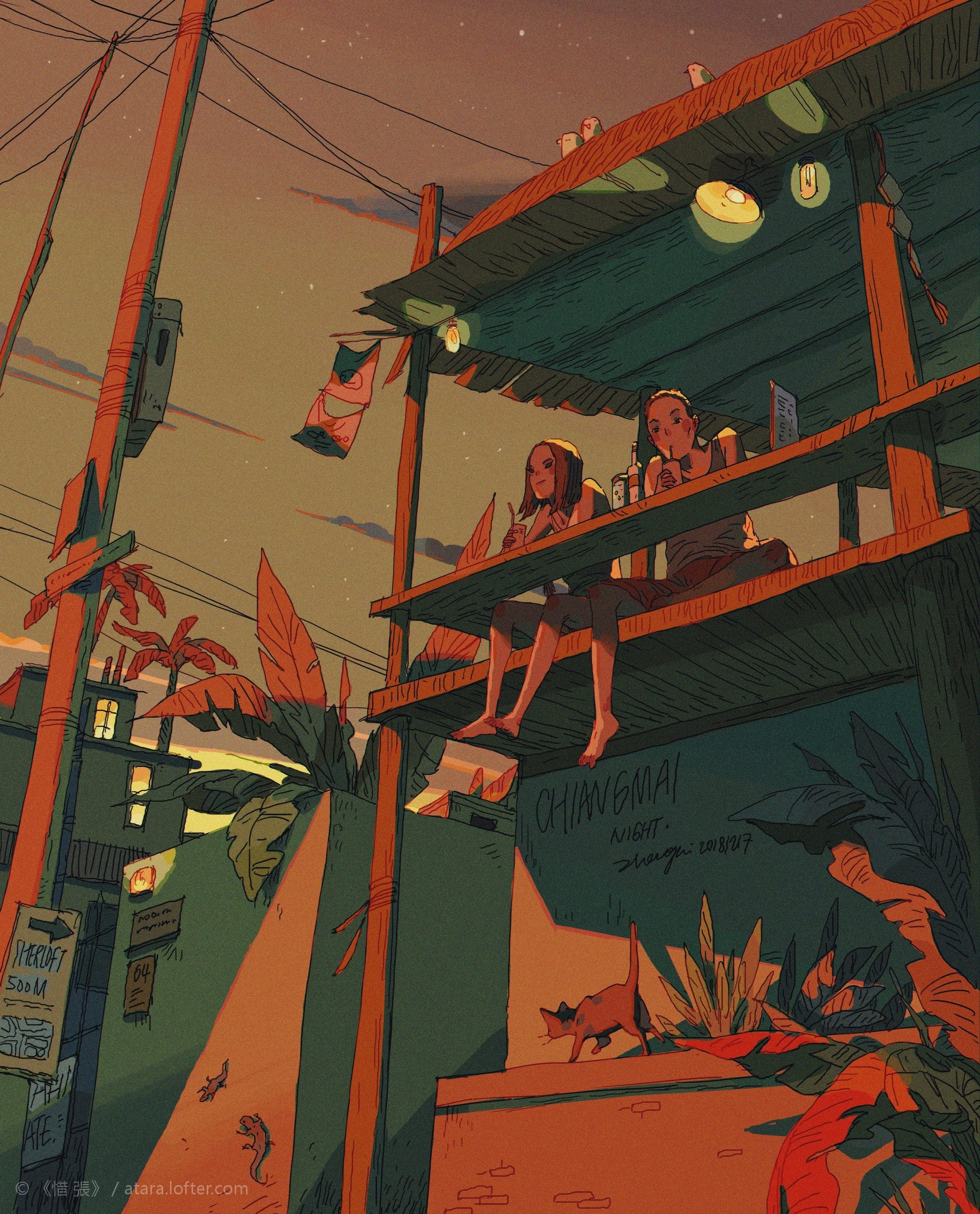 the illustration is of two friends enjoying their time at a rooftop cafe in chiang mai. they are sitting at a table, with their drinks in hand, overlooking the city below. the sunset is casting a warm glow over the scene, creating a peaceful and relaxing atmosphere. in the foreground, a black cat is strolling away from the cafe, with a small potted plant on its right.